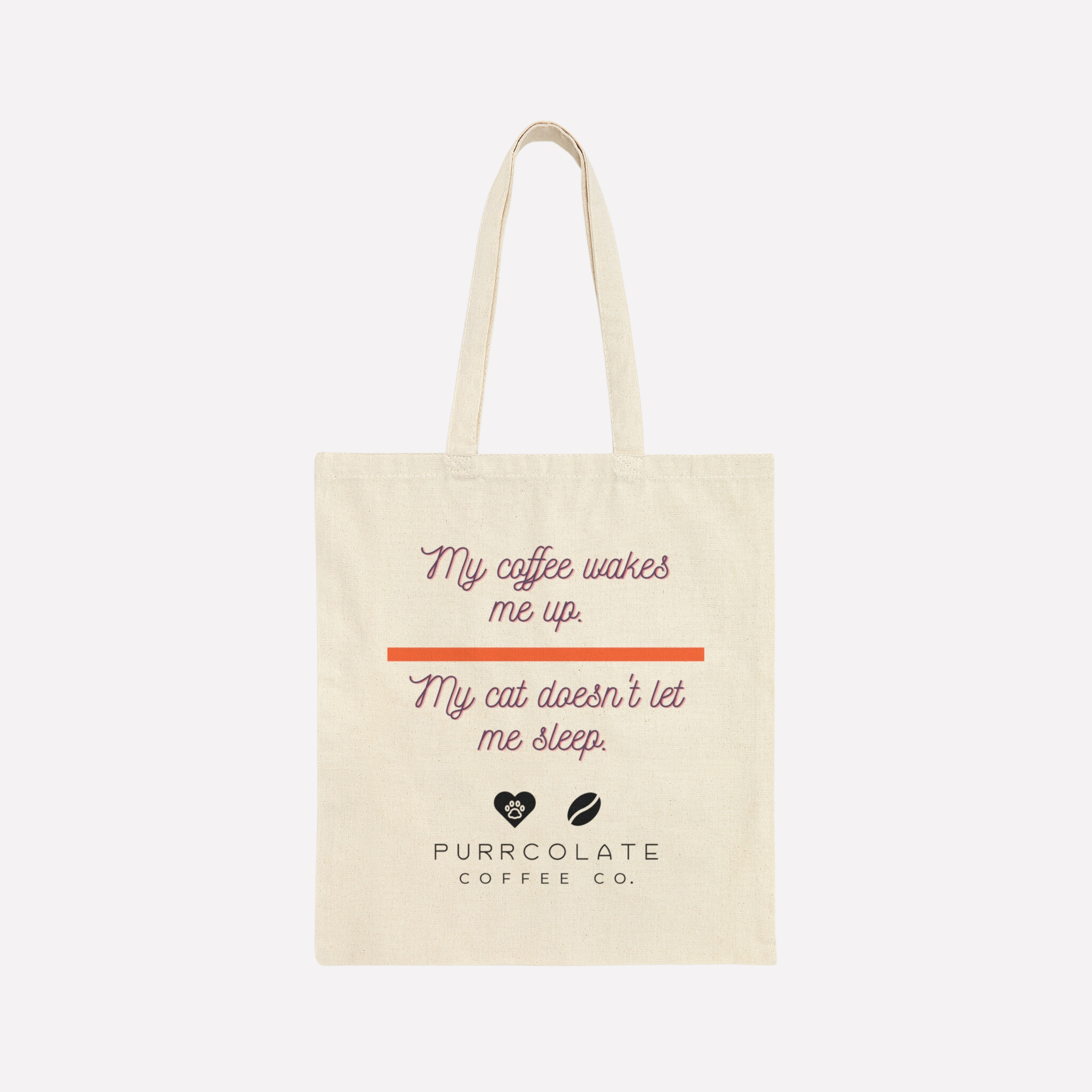 A Purrcolate tote bag with an off-white background