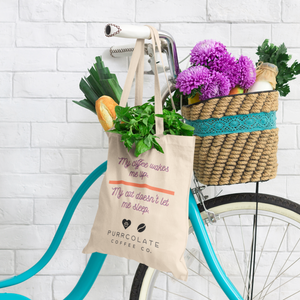 A Purrcolate tote bag full of fresh food from the market hanging off the handlebar of a turquoise-colored bicycle. The basket of the bicycle is also filled with fresh food and beautiful purple flowers.