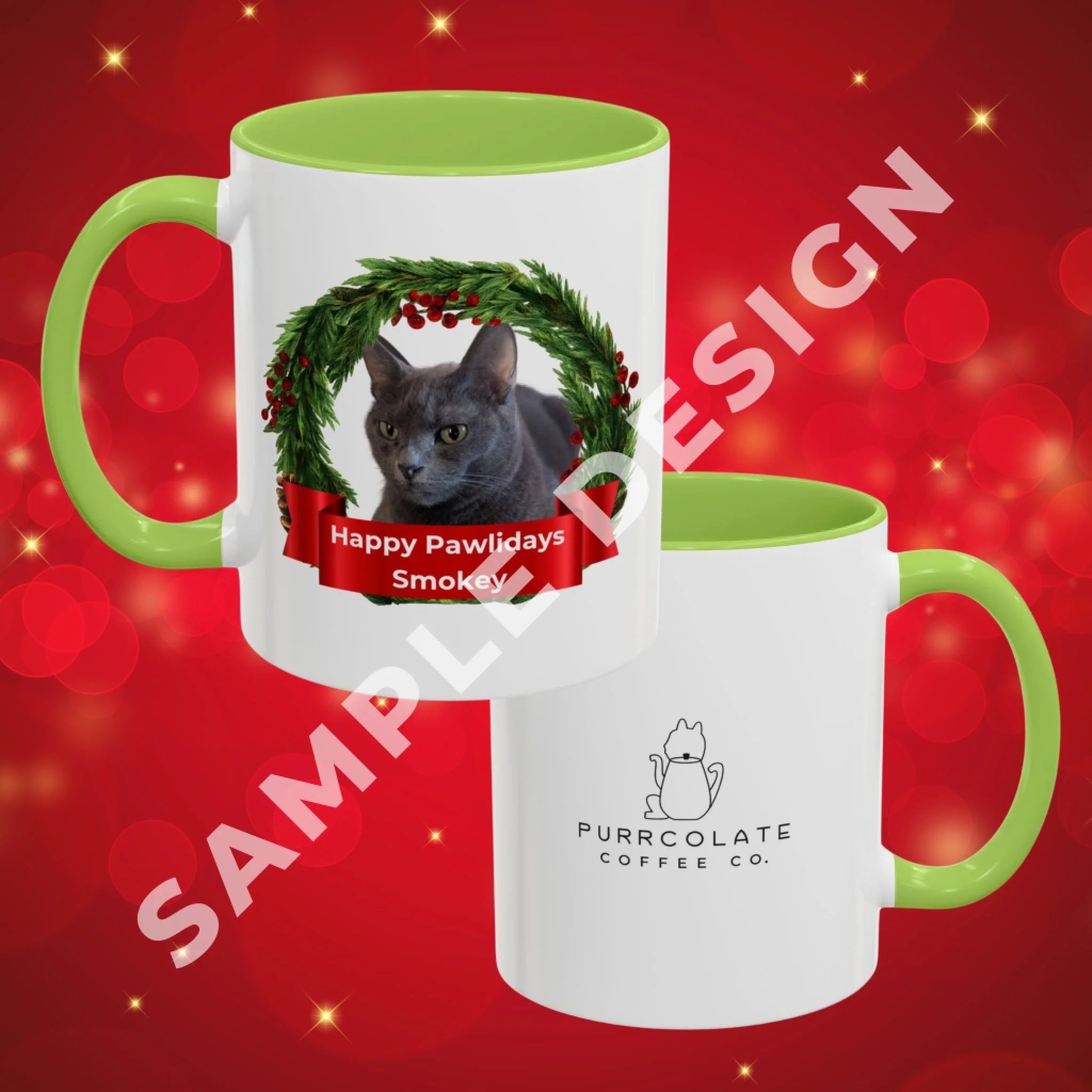 White mug with light green interior and handle, featuring a personalized sample design and 'Purrcolate Coffee Co.' branding, on a festive background.