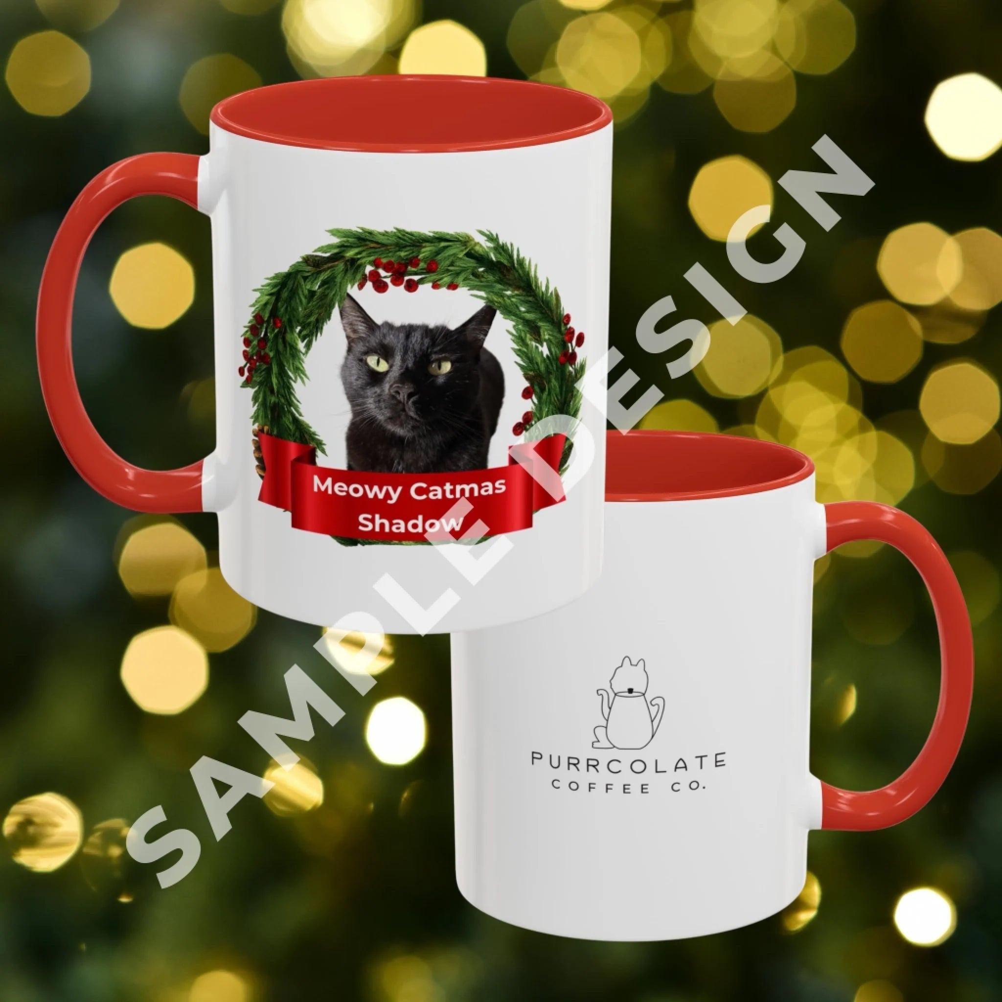 White mug with red interior and handle, featuring a personalized sample design and 'Purrcolate Coffee Co.' branding, on a festive background.