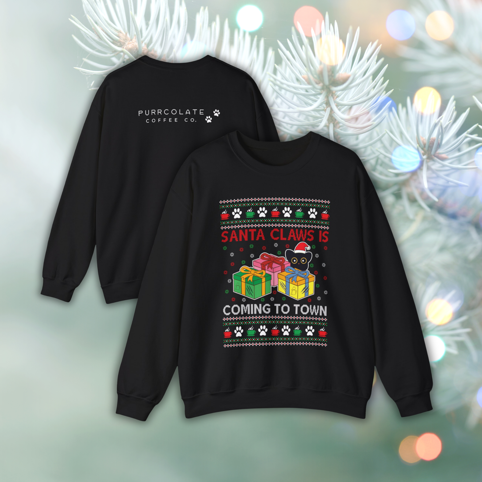 Ugly Purrcolate sweatshirt with Christmas-themed design on a wintery background. The sweatshirt is in the color coal which is black
