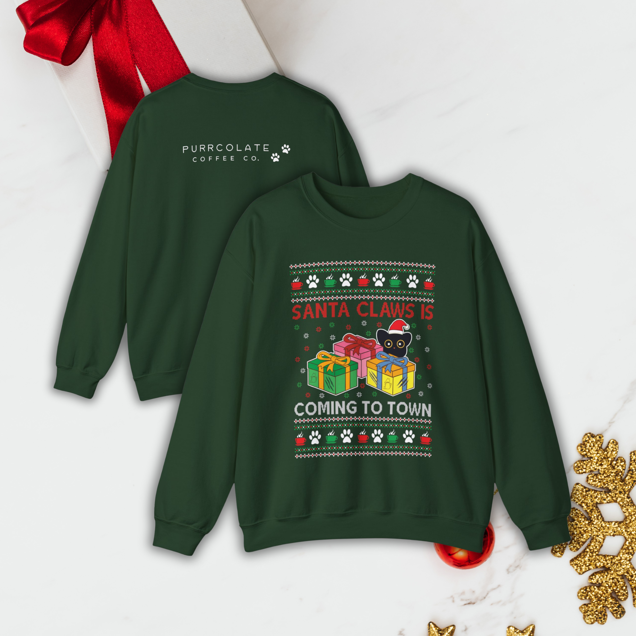 Ugly Purrcolate sweatshirt with Christmas-themed design on a festive background. The sweatshirt is in the color evergreen which is a dark green
