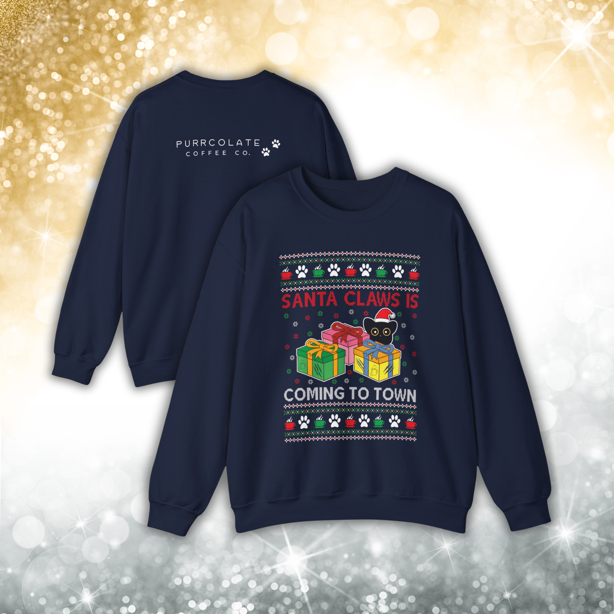 Ugly Purrcolate sweatshirt with Christmas-themed design on a glittery background. The sweatshirt is in the color silent night which is navy blue